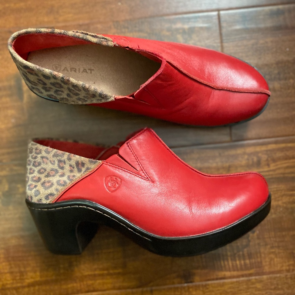 Ariat Red and Brown Leather Mules with Chunky Heel